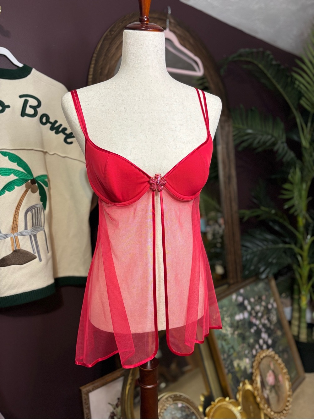 🌺 Cherry Red Sheer Mesh Flower Babydoll Slip🌺